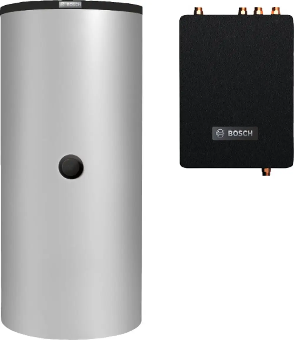 Bosch-Warmwasserspeicher mit runder, silberner Oberfläche und einem schwarzen Teil mit Anschlüssen. Gerät mit zentralem Knopf zur Steuerung.